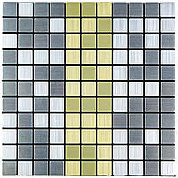 3Д-панелі для стін алюмінієві самоклейка Срібна із золотом мозаїка 300х300х3мм декор метал плитка