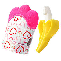 Дитячий силіконовий прорізувач-рукавичка для зубів серце рожевий і прорізувач-щітка банан 2Life