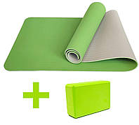 Набор для йоги Коврик TPE+TC 183х61х0,6см (в чехле) + опорный блок, Зеленый/Серый (702244203)