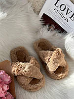 Стильні жіночі пухнасті кімнатні капці кольору мокко, Модні домашні капці для жінок з відкритим носком