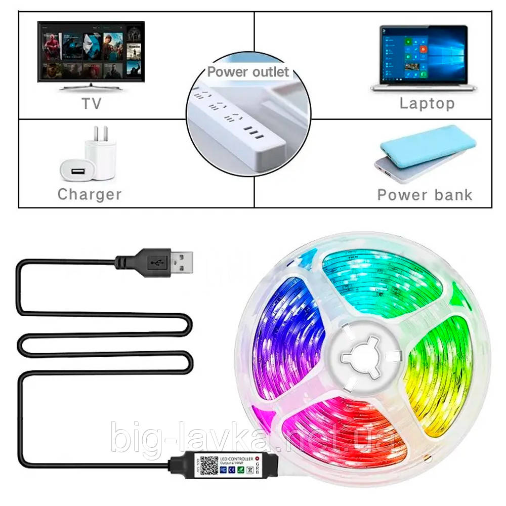 Світлодіодна стрічка 5050 SMD USB RGB Bluetooth з пультом 3 м Різнокольоровий, фото 1