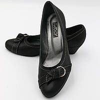 Туфли женские классические кожаные чёрные под сатин на танкетке 4.5 сантиметра Liv код -(4028) 37