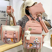 Рюкзак шкільний 5 в 1 пенал сумка косметичка для дівчаток 5-11 клас Рожевий