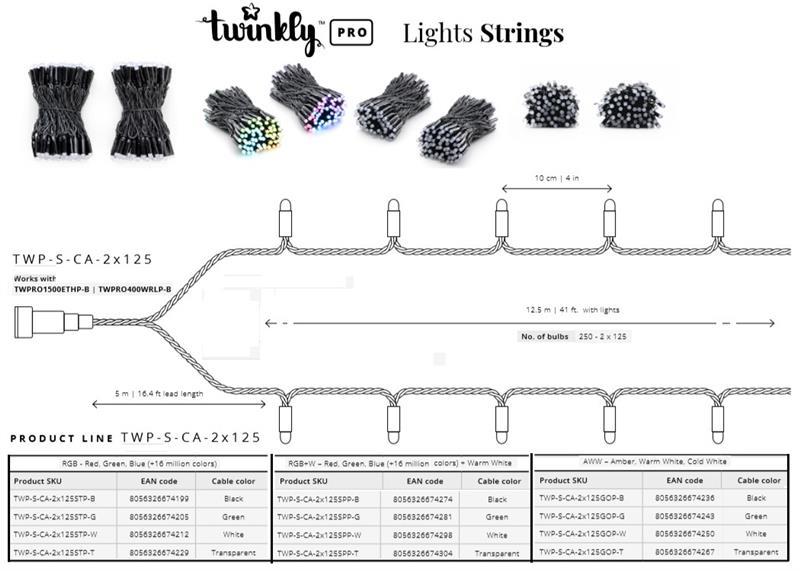 Smart LED Гірлянда Twinkly Pro Strings RGBW 250, подвійна лінія, AWG22, IP65, чорний