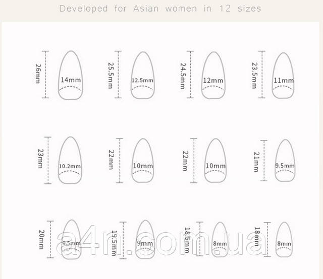 Накладные ногти - Интернет-магазин A4N Размеры накладных ногтей