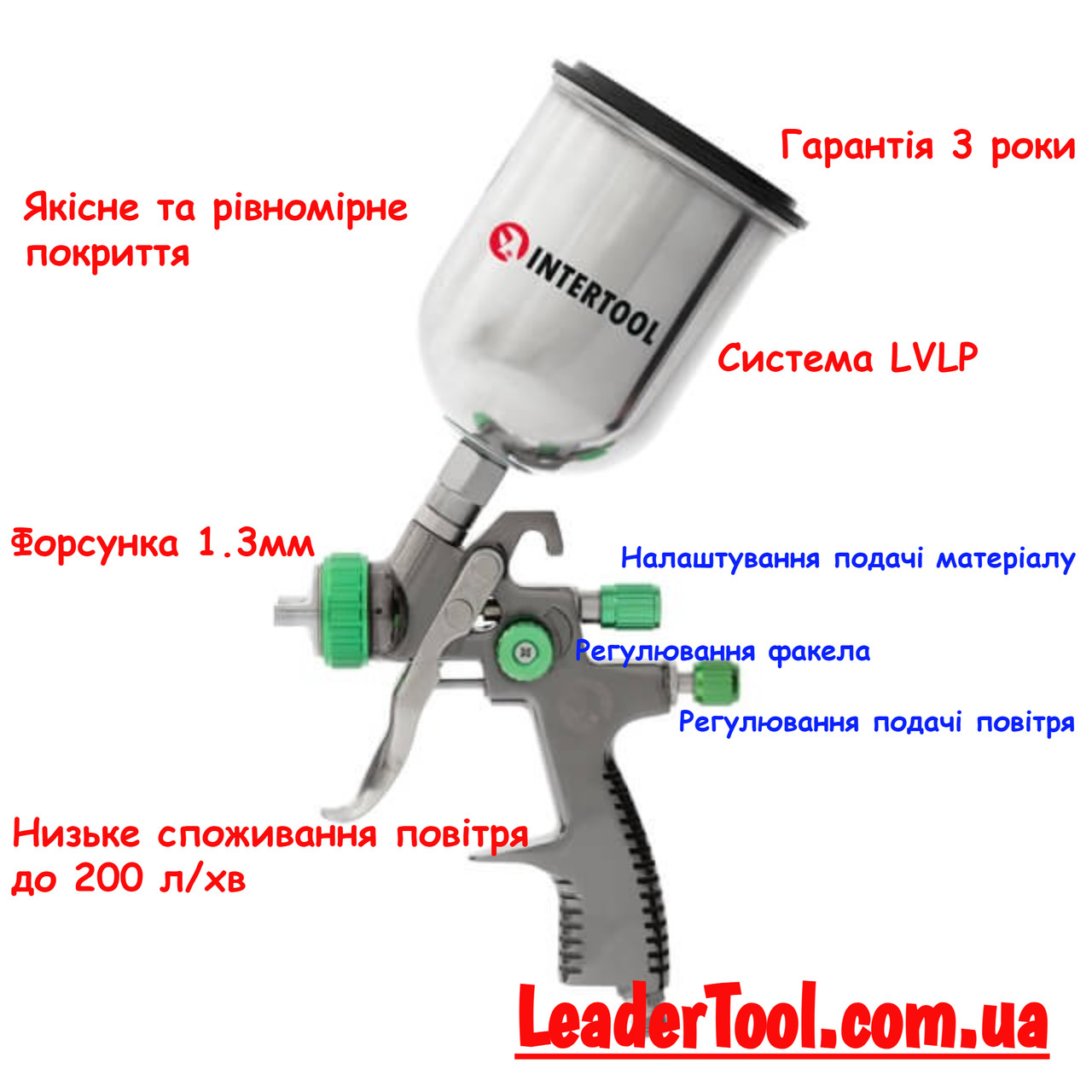 Фарбопульт пневматичний LVLP GREEN професійний, форсунка 1.3мм, 1.5бар INTERTOOL PT-0131