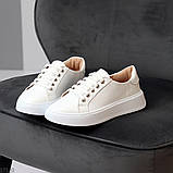 Комфортні прошиті шкіряні жіночі білі кеди натуральна шкіра флотар, фото 8