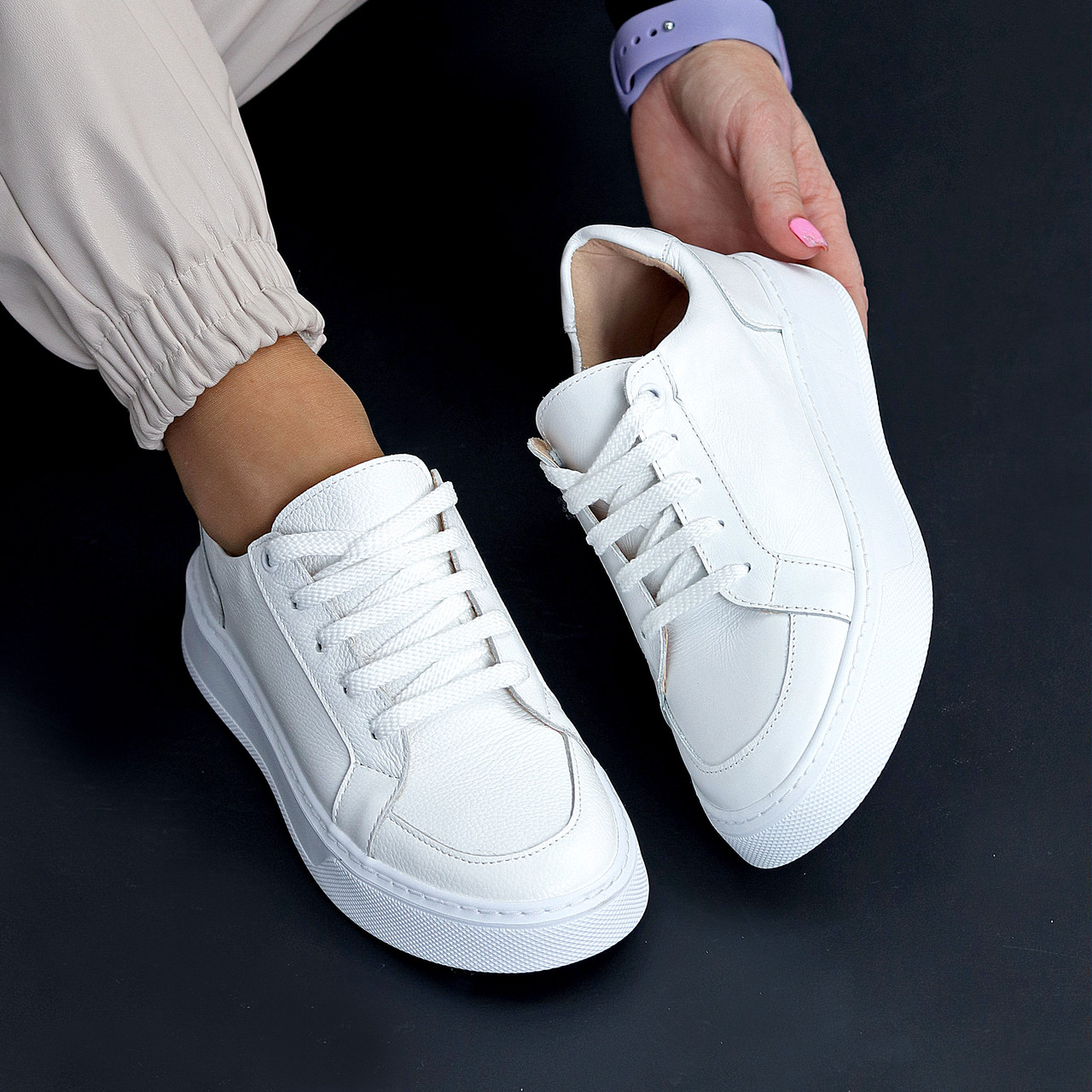 Універсальні білі прошиті шкіряні кеди натуральна шкіра флотар, фото 1