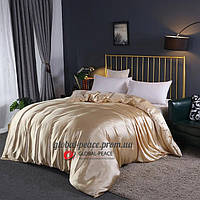 Атласное Золотое Семейное постельное белье Moka Textile 175х210см и Дополнительные Белые наволочки 2 шт