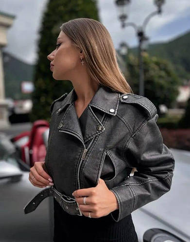 Куртка винтажная кожаная косуха укороченная в стиле оверсайз женская ...