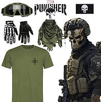 Военная маска-балаклава с черепом + Шеврон + Перчатки +Футболка цвета хаки+ Шарф+ Очки | Набор Punisher 6 в 1