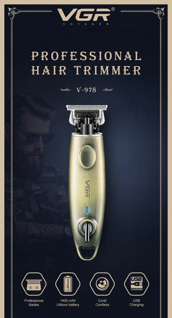 Професійна бездротова машинка тример для стрижки волосся VGR V-978 Al, фото 1