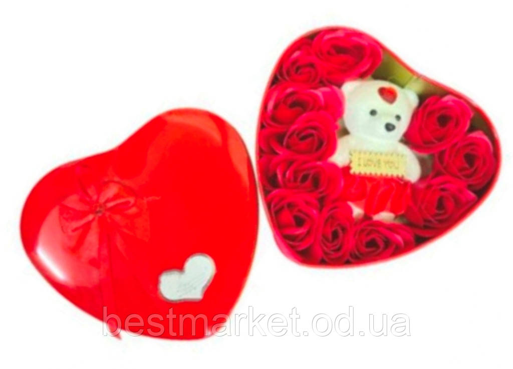 Подарунковий набір мила у формі пелюсток троянд з Ведмедиком мильні троянди 11 шт., фото 1