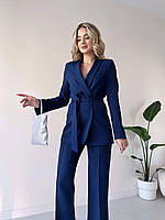 Жіночий костюм, піджак і брюки, з поясом, синій