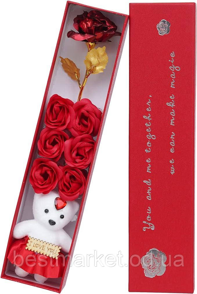 Подарунковий набір мила у формі пелюсток троянд з Ведмедиком мильні троянди 6 шт.