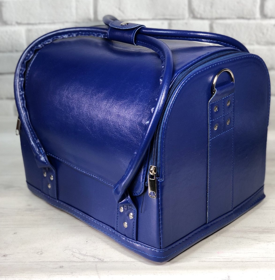Б'юті кейс валіза для майстра салонів краси з гладкого шкірозамінника на змійці синій, фото 1