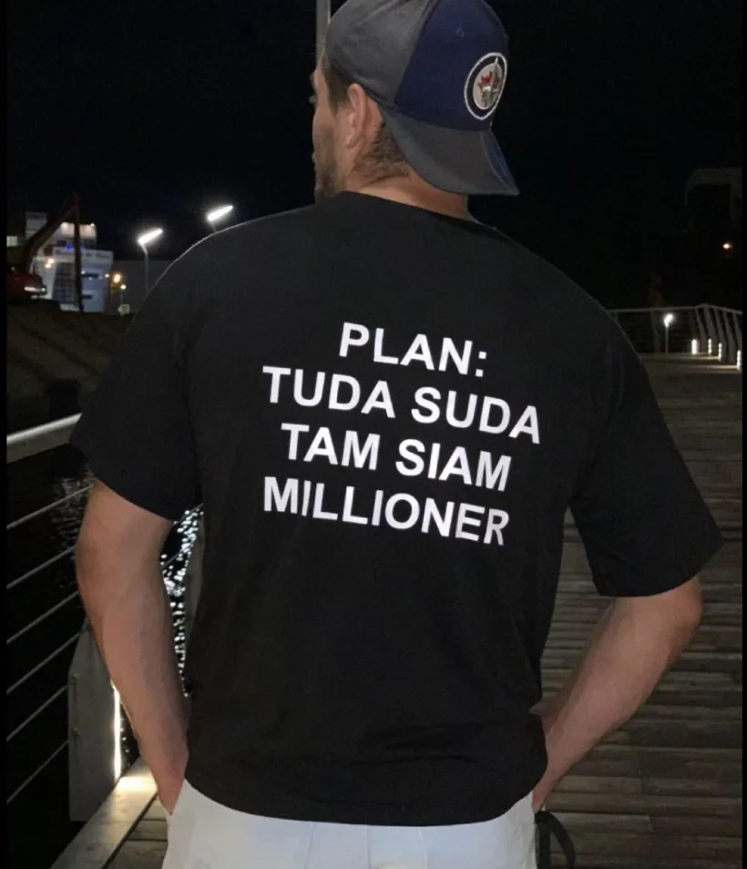 Футболка з принтом Тудаю там сим мільйонер (Plan tuda suda tam siam Millioner) Чорна, фото 1