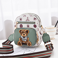 Детская мини сумочка с мишкой, маленькая сумка для девочек с медведем на плечо Белый с мятным