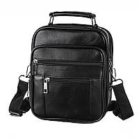 Кожаная мужская сумка борсетка через плечо LT 5700-0 черная, 6 отделений на молнии