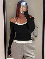Женский стильный базовый модный молодежный лонгслив с белой майкой (черный, серый)