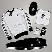 Мужской спортивный костюм Adidas комплект Адидас Свитшот + Штаны + Футболка + Кепка + Носки 2пары белый