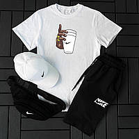 Мужской спортивный костюм Nike летний комплект найк 4в1 Футболка + Шорты + Кепка + Банка белый топ