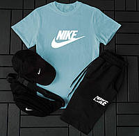 Мужской спортивный костюм Nike летний комплект Найк Футболка + Шорты + Кепка + Банка голубой
