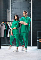 Спортивный костюм мужской женский парный весенний летний комплект Футболка + Штаны оверсайз зелений