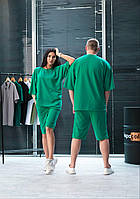 Спортивный костюм мужской женский парный летний комплект Футболка + Шорты оверсайз зелений