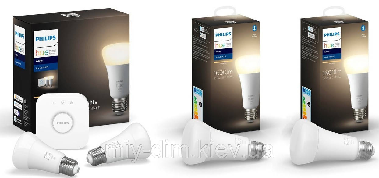 Philips Hue Набір (Bridge, лампа E27 White 2шт, лампа E27 15.5W White 2шт), фото 1