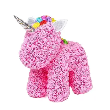 Єдиноріг з 3D штучних троянд 38 см у подарунковій упаковці Рожевий Іграшка 3D Єдиноріг