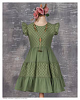 Нарядное платье для девочки с коротким рукавом оливковый Турция р.116 (6-7),140 (10-11),152 (12-13)