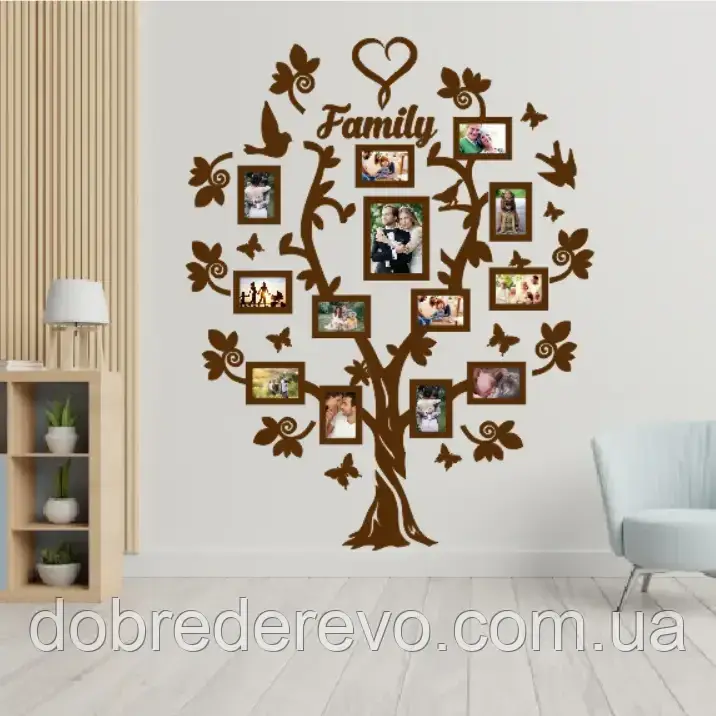 Сімейне дерево Серце фоторамка, родинне дерево на стіну з фото рамками  wooden heart