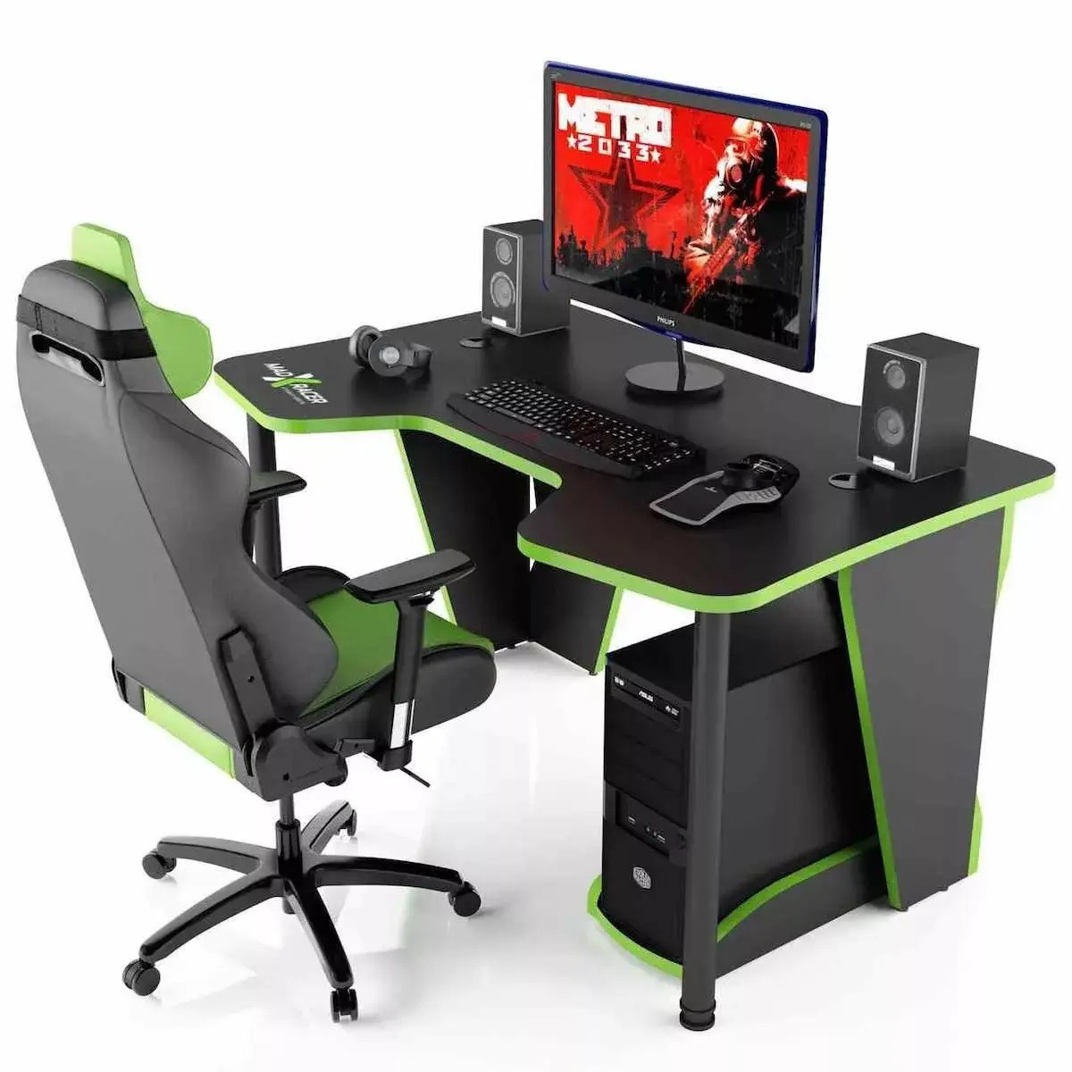 Геймерський стіл 140 см Madxracer Comfort GT14 зелений + чорний