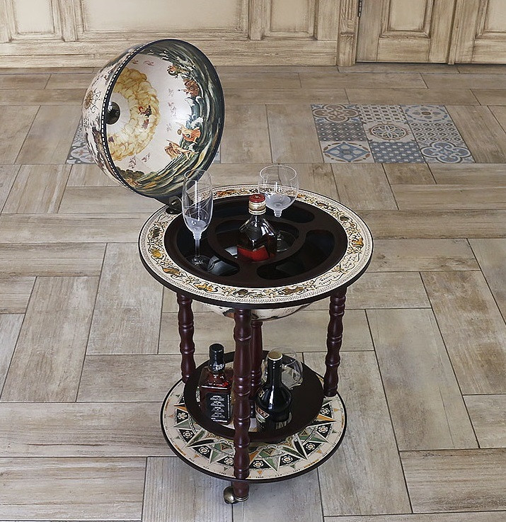 Підлоговий глобус-бар двоярусний на коліщатках "Карта світу" дерев'яний зі сферою Ø330 мм, фото 1