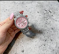 Женские модные часы серебристые с розовым цветом циферблата Майкл корс