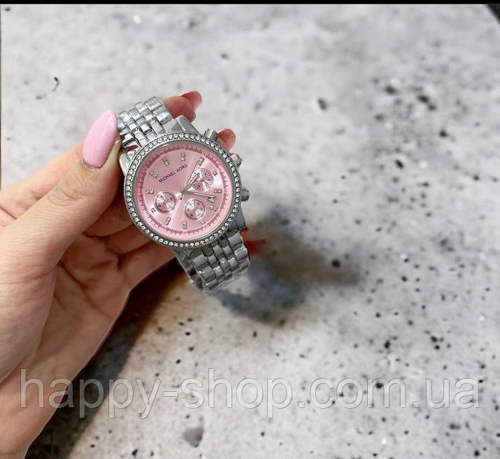 Жіночий модний годинник сріблястий із рожевим кольором циферблата Майкл корс