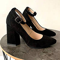 Туфлі жіночі замшеві на каблуку чорні /22880/ 35р
