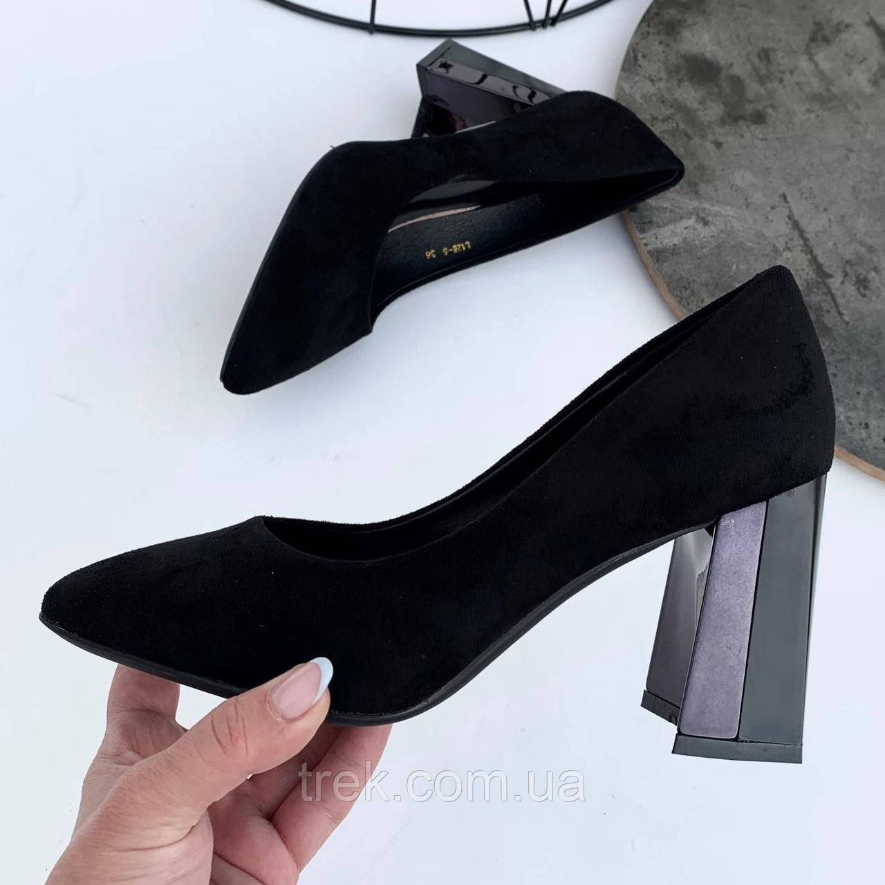 Туфлі жіночі чорні на каблуку екозамша /23039/ 40р, фото 1