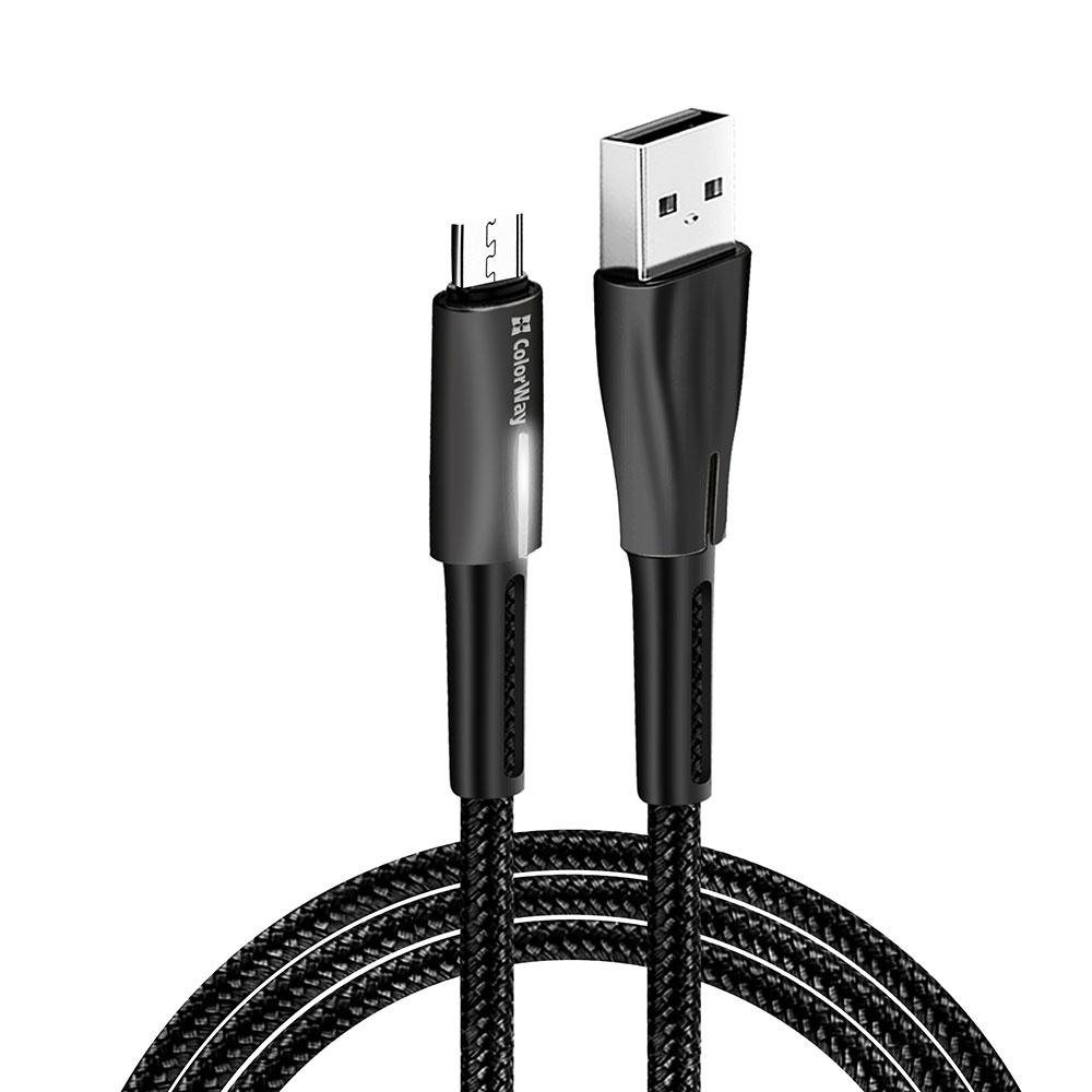 Кабель ColorWay USB - MicroUSB (zinc alloy + led) 2.4А 1м чорний (CW-CBUM035-BK)