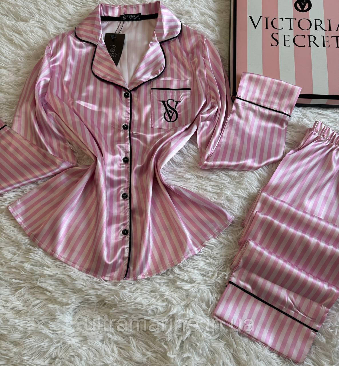 Жіноча піжама Victoria's Secret S-M рожева смужка шовк-сатин Вікторія Сікрет Туреччина