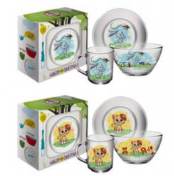 Набір дитячого посуду "Зайчик та кошеня" тарілка, чашка, салатник А9551/62