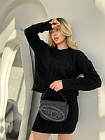 Женский вязаный костюмчик свитер и мини юбка в косичку Черный