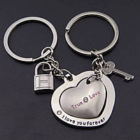 Брелок для ключей двойной сердце металлический для пары True Love замок ключ