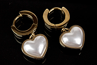 Серьги классические, кольца с подвесками в виде сердца с жемчужиной, английский замок 000093