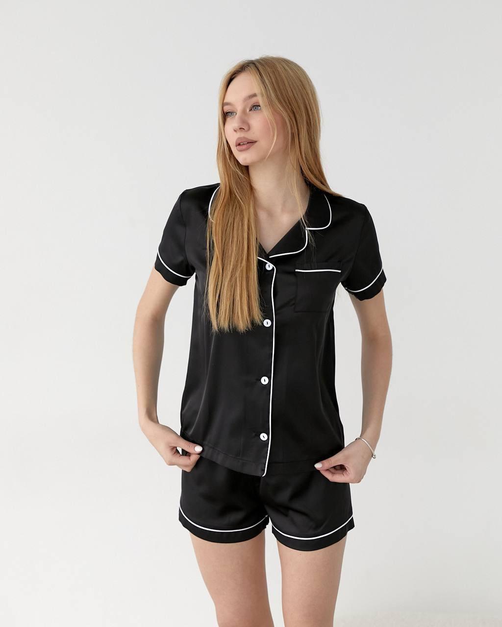 Піжама жіноча ШОВК АРМАНІ Сорочка та шорти V.VELIKA ЧОРНИЙ, фото 1