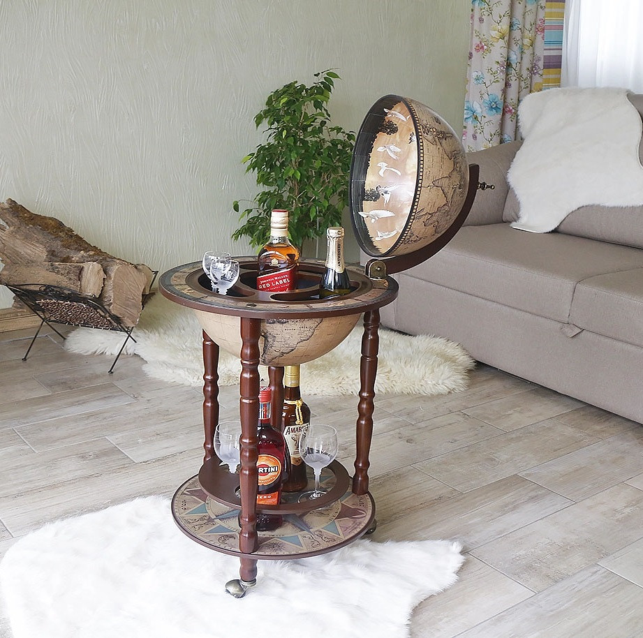 Підлоговий глобус-бар двоярусний на коліщатках "Зодіак" дерев'яний зі сферою Ø330 мм, фото 1