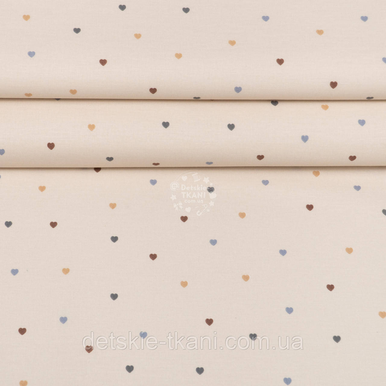 Ранфорс шириною 240 см "Різнокольорові сердечка" на бежевому тлі, №4955, фото 1
