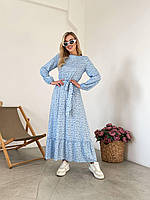 Стильна жіноча легка ошатна базова сукня міді з поясом квітковий принт штапель з довгим рукавом OS