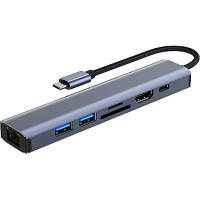 Концентратор Dynamode 7-in-1 USB-C to HDTV 4K/30Hz, 2хUSB3.0, RJ45, USB-C PD 100W, SD/MicroSD (BYL-2303) ТЦ